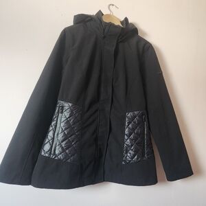 DKNY Womens Black Mixed Media Quilted Softshell Hooded Jacket Size M